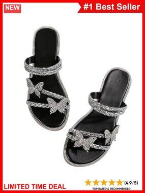 Rhinestone Butterfly Flat Sandals Open Toe Ankle Strap Slip On